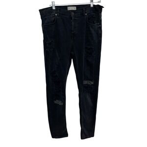 Zara Man Black Distressed Jeans Size 34 Slim Fit Ripped Embroidered Quote Denim